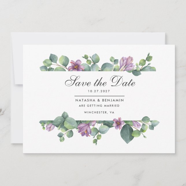 Save The Date Écriture moderne de verdure d'eucalyptus (Devant)