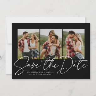 Save The Date Écriture moderne design trois photo noir et blanc