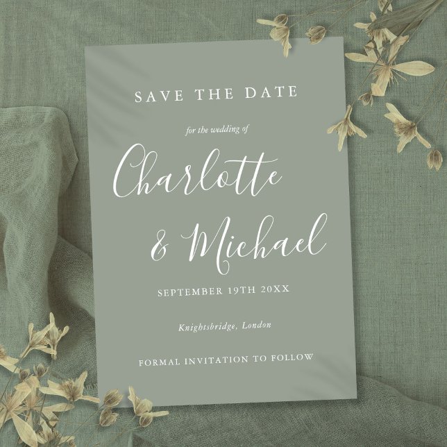 Save The Date Écriture moderne élégante (Elegant Modern Sage Green Script Wedding Save The Date)