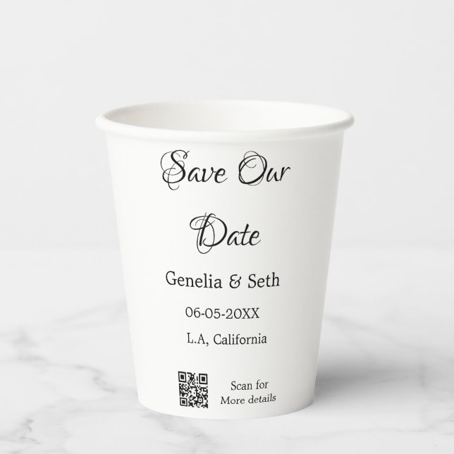 Save the Date einfache minimale QR-Scan-Codedetail Pappbecher (Vorderseite)