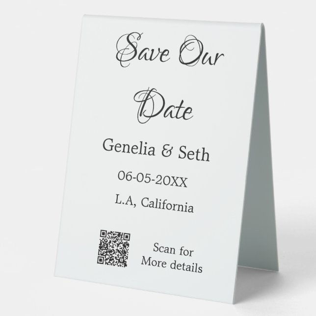 Save the Date einfache minimale QR-Scan-Codedetail Tischaufsteller (Vorderseite)