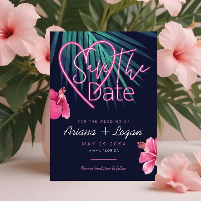 Save The Date Electric Love Neon rose Floral & Tropical Retro (Electric Love Neon Pink Floral & Tropical Retro Save The Date)