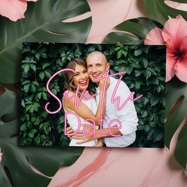 Save The Date Electric Love Neon Rose Heart & Photo Typographiqu (Electric Love Neon Pink Heart & Typographic Photo Save The Date)