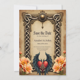 Save The Date Elégance celtique avec coeur et ailes.