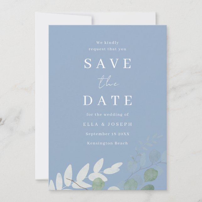 Save The Date Élégance de mariage feuille verte bleu poussiéreux (Devant)
