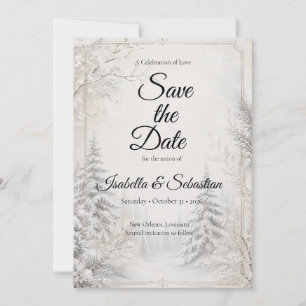 Save The Date Élégance de mariage hivernal intemporel en forêt