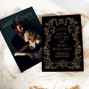 Save The Date Élégance Vintage Fleur Noire Dorée Mariage