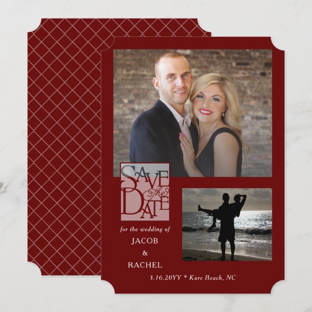 Save the Date Elegant 2-Foto Burgundy Red Wedding (Vorne/Hinten)