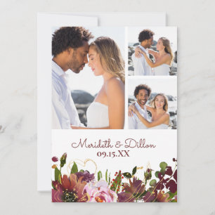 Save The Date Elégant 3 Photo Bourgogne Or Blush Rose Floral