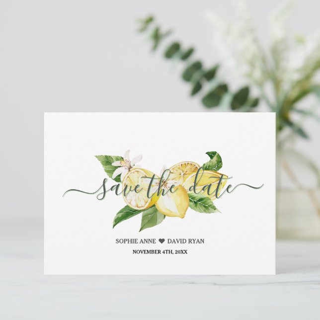 Save The Date Élégant Aquarelle Citron Mariage Tropical Script (Debout devant)