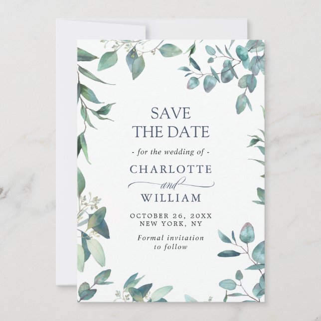 Save The Date Elégant Aquarelle Eucalyptus Mariage Floral (Devant)