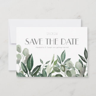 Save The Date Elégant aquarelle feuille botanique chasseur vert