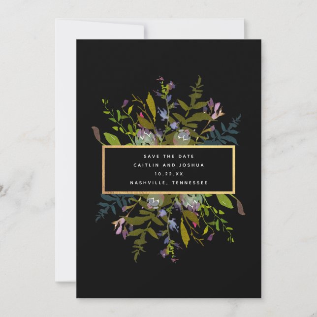 Save The Date Elégant aquarelle Floral Black Arrière - plan Mari (Devant)