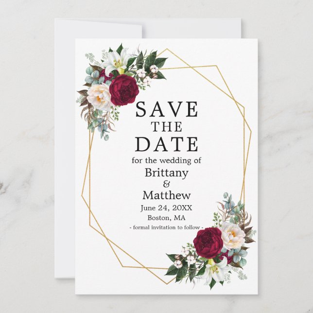 Save The Date Elégant aquarelle Floral Bourgogne Blanc Cadre Geo (Devant)