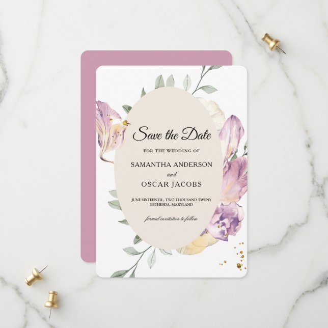 Save The Date Elégant aquarelle Pansy Floral Oval (Devant/Arrière en situation)