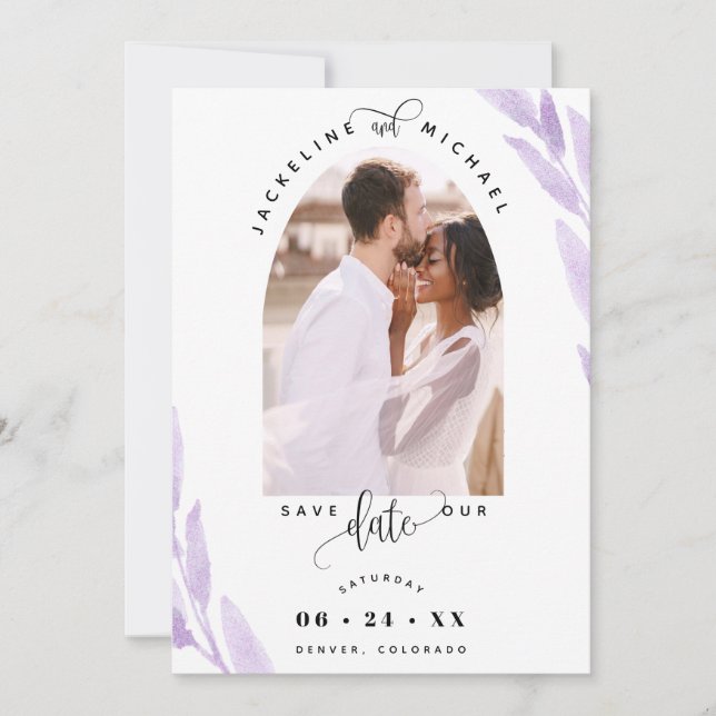 Save The Date Élégant Arc photo et Mariage Feuille violet (Devant)