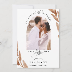 Save The Date Élégant Arche photo et Cuivre Brown Feuille Mariag