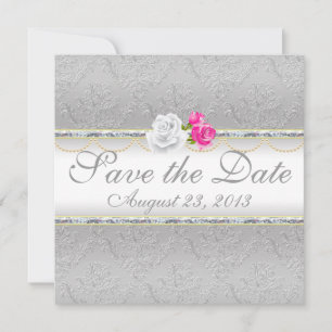 Save The Date Elégant Argent Damas et Rose Sauvez la date
