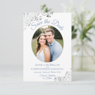 Save The Date Elégant argent et bleu sur Mariage photo blanc