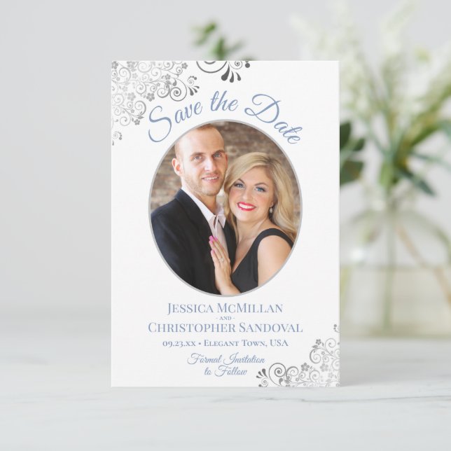 Save The Date Elégant argent et bleu sur Mariage photo blanc (Debout devant)