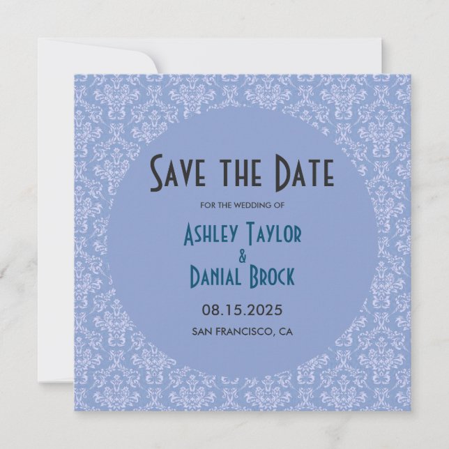 Save The Date Elégant Art Déco Bleu Damas Formel Mariage Rond (Devant)
