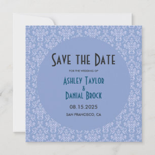 Save The Date Elégant Art Déco Bleu Damas Formel Mariage Rond