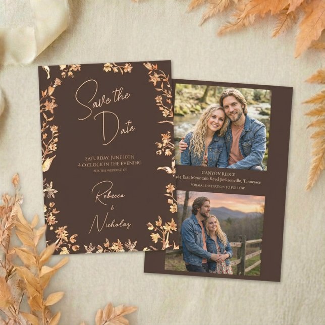 Save The Date Elegant Autumn Copper Wildflowers Script 2 Photo (Créateur téléchargé)