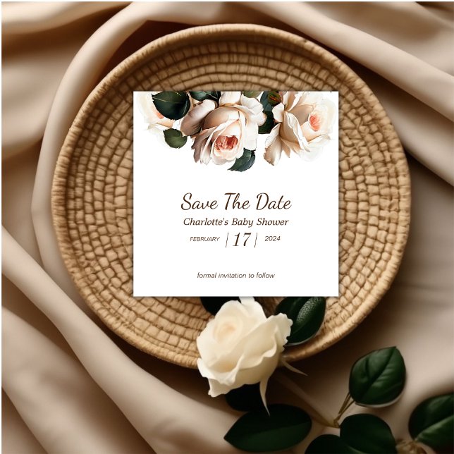 Save The Date Elégant Baby shower Rose beige fille (Rose Girl Baby Shower Save The Date)
