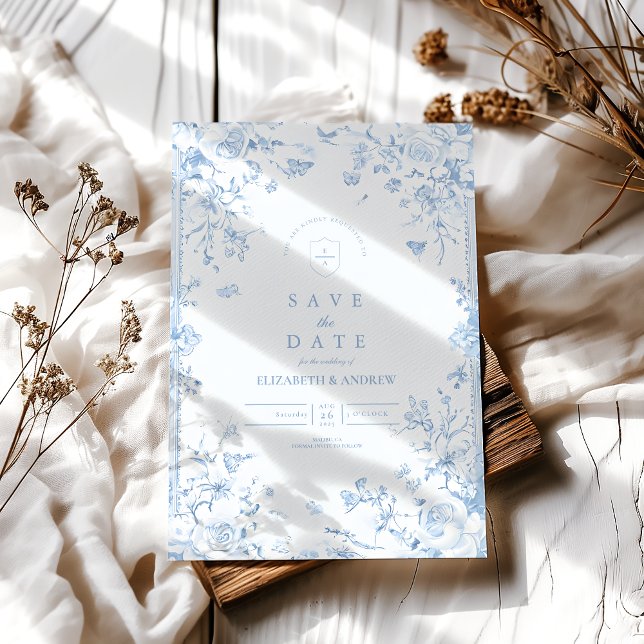 Save The Date Elégant Baroque Bleu Jardin Français Floral Mariag (Créateur téléchargé)