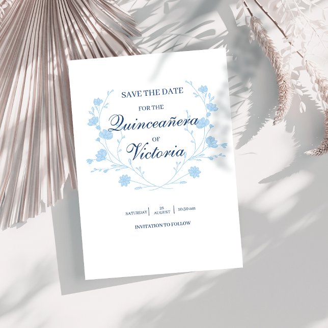 Save The Date Elégant bébé bleu floral Quinceanera (Créateur téléchargé)
