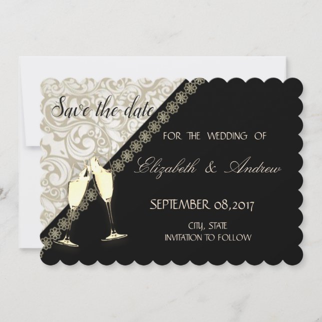 Save The Date Elegant Black, Mariage damassé Enregistrer la date (Devant)