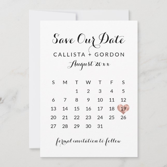 Save The Date Élégant Black Rose Gold Heart Calendrier (Devant)