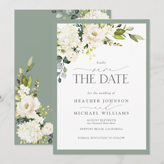 Save The Date Elégant blanc gris vert Aquarelle Mariage floral (Devant / Derrière)
