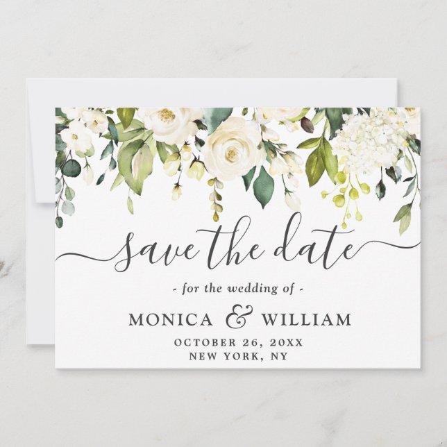 Save The Date Elégant blanc ivoire Roses Mariage verdoyant (Devant)