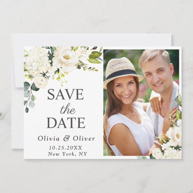 Save The Date Elégant blanc ivoire Roses verdure Mariage PHOTO (Devant)