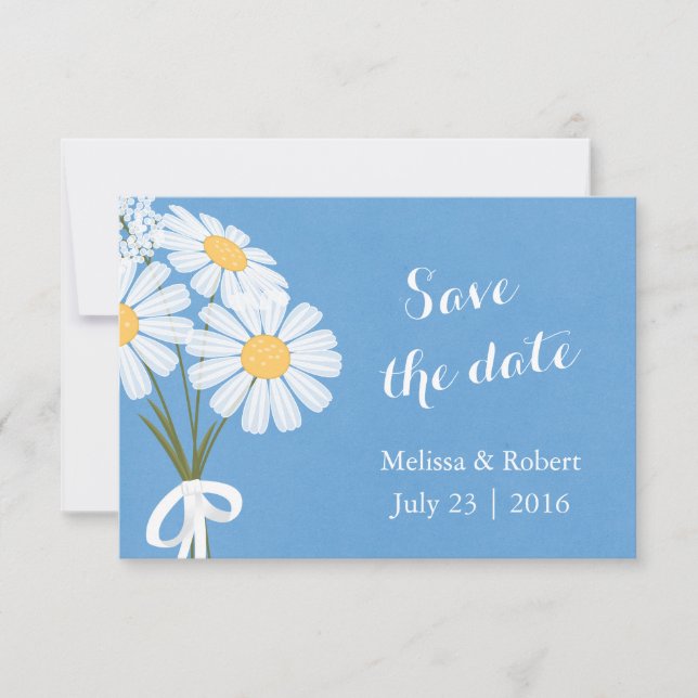 Save The Date Elégant blanc marguerites bleu Enregistrer le Mari (Devant)