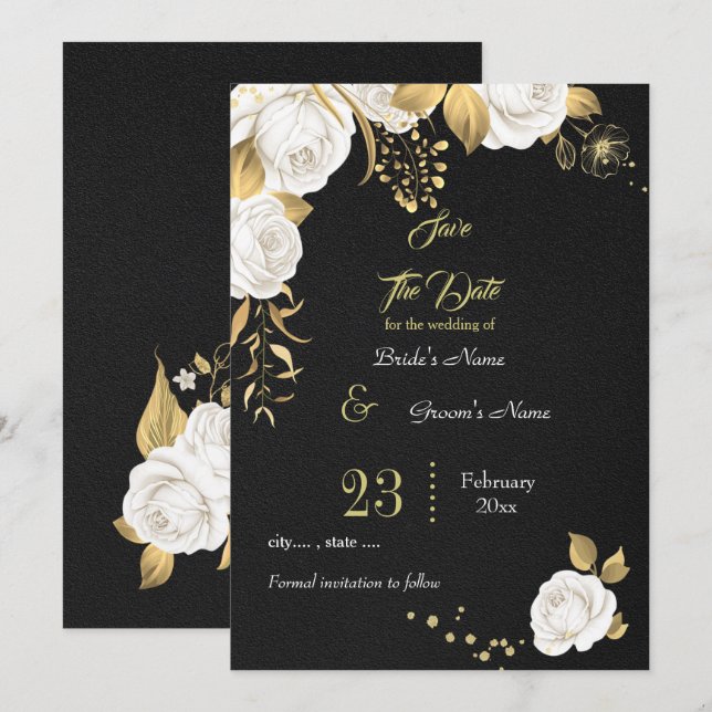Save The Date élégant blanc or floral noir (Devant / Derrière)