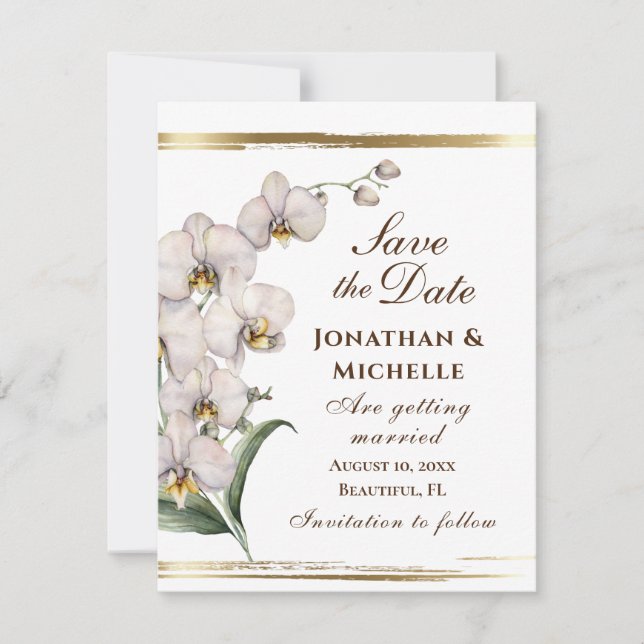 Save The Date Elégant blanc Orchidées Gold Frame Christian (Devant)