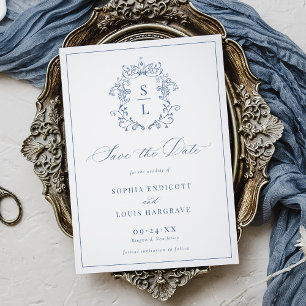Save The Date Élégant Blason Baroque Monogramme Bleu Mariage