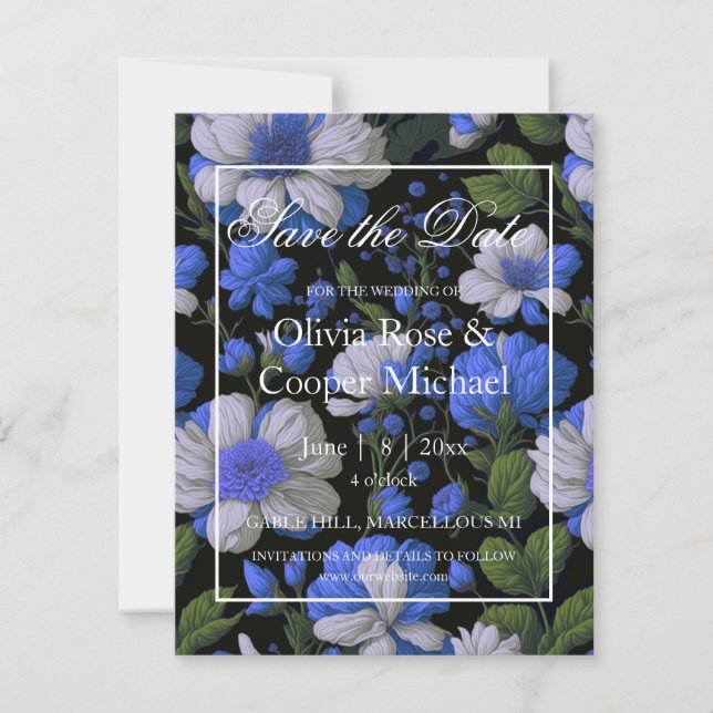 Save The Date Elégant bleu argenté blanc élégant floral rétro (Devant)