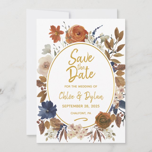 Save The Date Elégant bleu bleu beige Brown floral (Devant)