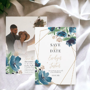 Save The Date Elégant bleu doré Floral Aquarelle Mariage