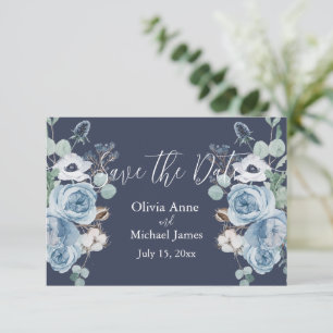 Save The Date Élégant Bleu foncé & Blanc floral Script