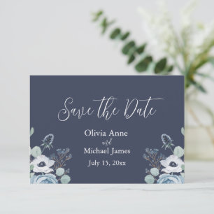 Save The Date Élégant bleu foncé et blanc floral