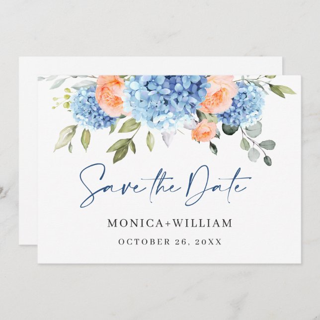 Save The Date Elégant bleu Hydrangea Blush Rose Floral Mariage (Devant / Derrière)