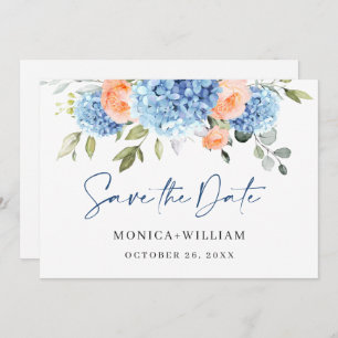 Save The Date Elégant bleu Hydrangea Blush Rose Floral Mariage