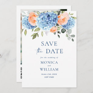 Save The Date Elégant bleu Hydrangea Blush Rose Floral Mariage