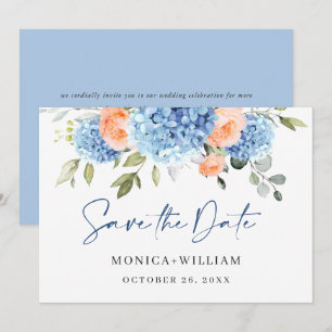 Save The Date Elégant bleu Hydrangea Blush Rose Floral Mariage