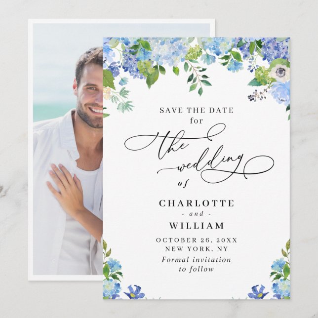 Save The Date Elégant bleu Hydrangea Mariage de verdure Photo (Devant / Derrière)