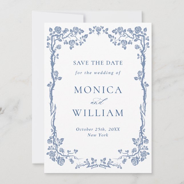 Save The Date Elégant bleu Jardin Français Floral Mariage Photo (Devant)